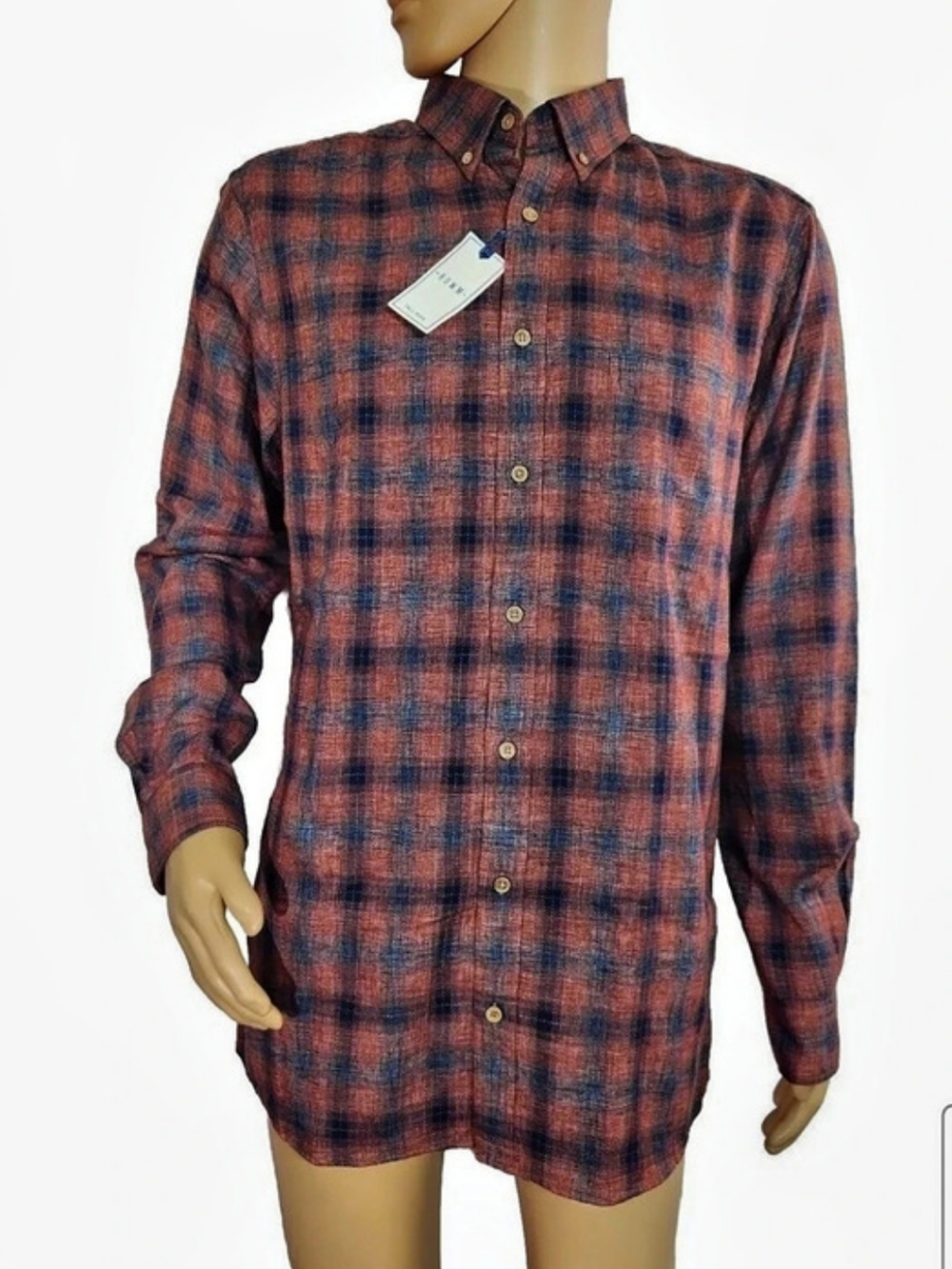 Rowm Brick Red 75 Plaid Polyester-Cotton Shirt in Red & Blue LT NWT